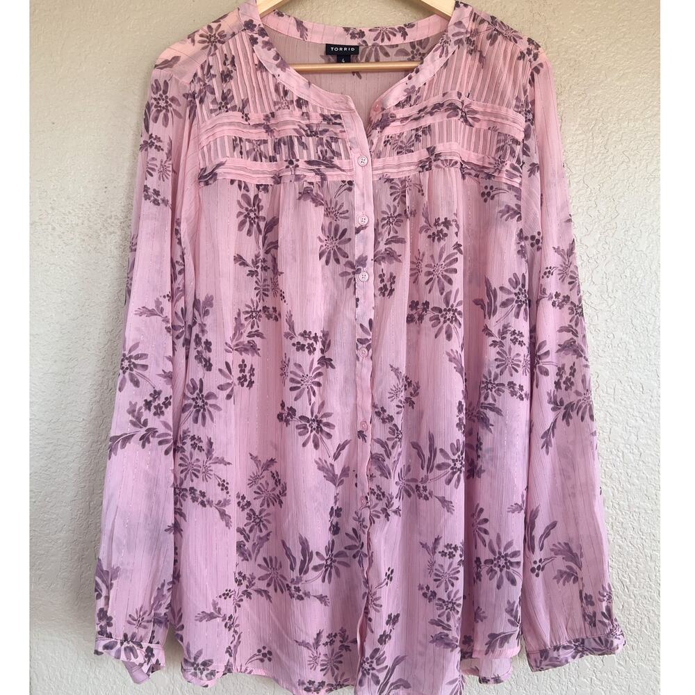 Torrid Pink Floral Blouse Crinkle Chiffon Lurex Pintuck Long Sleeve 4X Plus Size